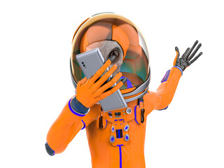 alien astronaut is holding a cellphone