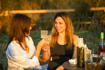 Women on ranch drink wine and enjoying summer time in agricultural farm at sunset