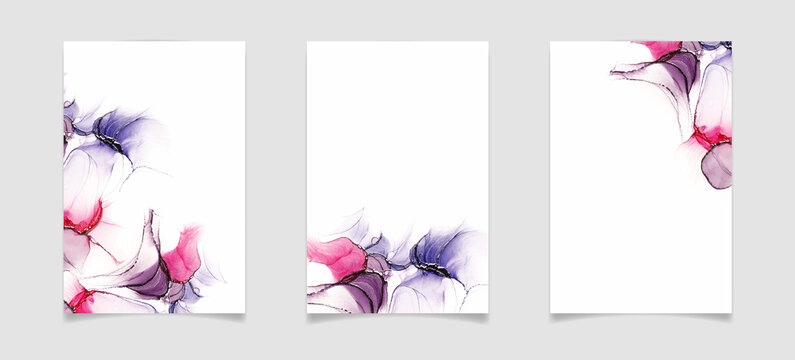 Abstract violet and pink liquid watercolor or alcohol ink background. Elegant fluid marble watercolour drawing effect. Vector illustration design template for wedding invitation, menu and rsvp