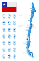 Blue map of Chile administrative divisions with travel infographic icons.