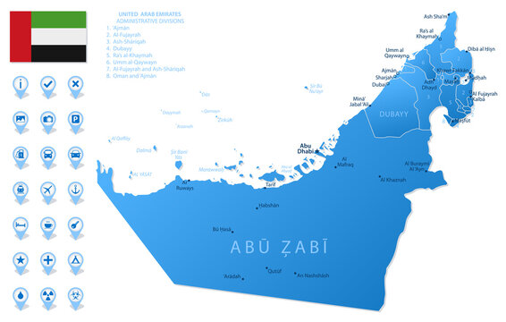 Blue map of United Arab Emirates administrative divisions with travel infographic icons.