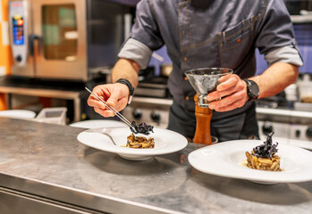 Obraz na płótnie Canvas kitchen chef preparing a delicate dish