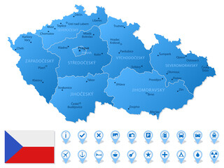 Blue map of Czech Republic administrative divisions with travel infographic icons.