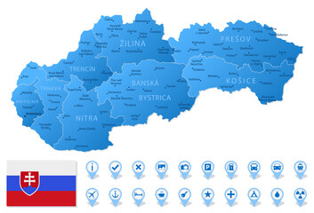Blue map of Slovakia administrative divisions with travel infographic icons.