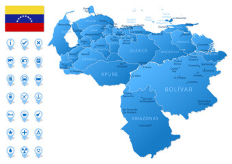 Blue map of Venezuela administrative divisions with travel infographic icons.