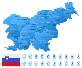 Blue map of Slovenia administrative divisions with travel infographic icons.