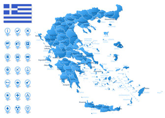 Blue map of Greece administrative divisions with travel infographic icons.