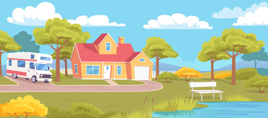 Cartoon countryside house camping car and beautiful landscape