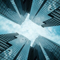 Obraz na płótnie Canvas glass reflective office buildings against blue sky with clouds a