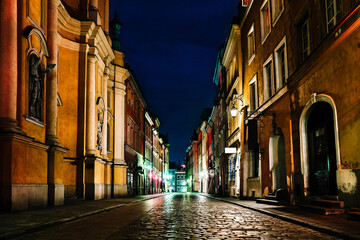 old historical part of Warsaw  of night lights