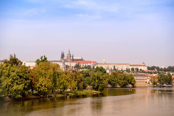 View of Prague Castle, St. Vitus Cathedral and Vltava river. Czech Republic