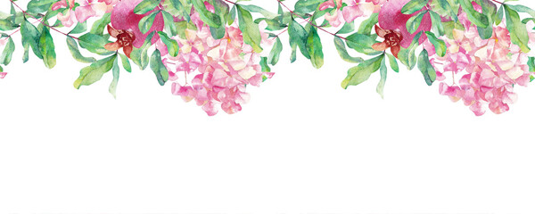 Watercolor border. Hand-drawn pomegranate fruits and pink hydrangea flowers on a white background.