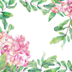 Watercolor floral frame. Hand-drawn pink hydrangea flowers isolated on white background. Suitable for backgrounds, invitations, cards