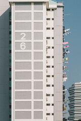 Front view of an old dense apartment complex exterior with grey tones in Singapore