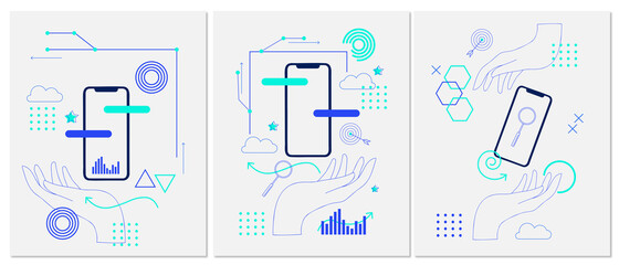 Set de trois illustrations vectorielles. Mains, téléphone et technologie. Formes graphiques et abstraites. Illustration design et multimédia 