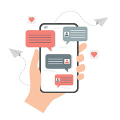 Human hand holding smartphone. Sending and receiving messages. Online chat. Social media. Colored flat illustration. Isolated on white background.