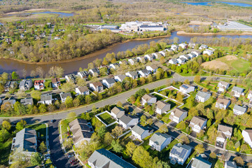 Aerial view from a drone from a height view of the village of America