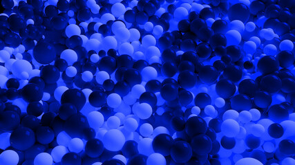 beautiful shiny blue white balls of different colors and sizes completely cover the surface. Some spheres glow. 3d photorealistic render geometric reative holiday background of shiny balls