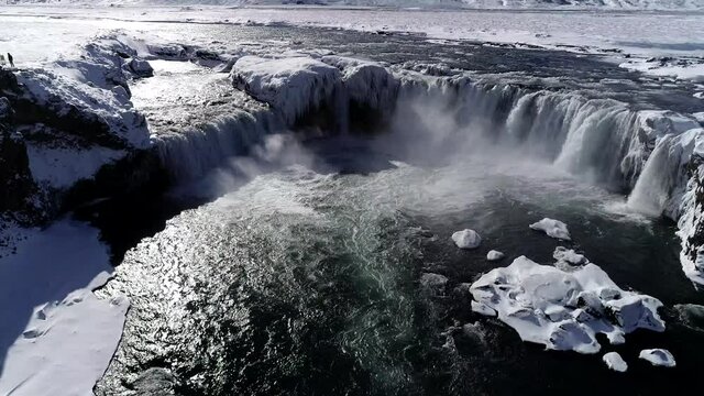Go&eth;afoss icy waterfall from aerial view