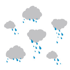 Set of clouds with raindrops. Rainy weather. Flat, simple, vector illustration.