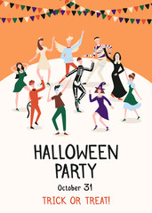 Poster for Halloween party. People dancing at the party in costumes of Halloween characters under the garlands of corful flags. Vector illustration