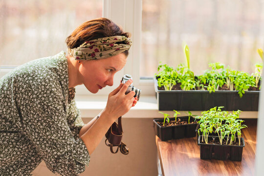 A woman takes pictures with a retro camera of the plants that she has grown in her home garden for her blog.