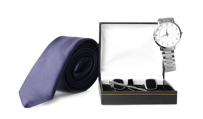 Stylish necktie, cufflinks and wristwatch on white background