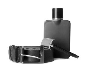 Stylish belt, perfume and shaving razor on white background