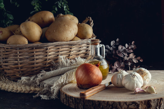 Potato basket on black background horizontal