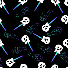 Hand drawn Halloween sweets seamless pattern with holiday elements. A vector illustration that works well for holiday projects.