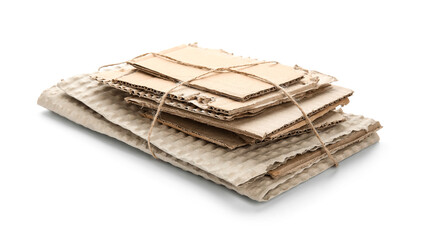 Tied pieces of cardboard on white background