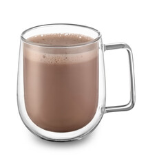 Glass cup of hot cocoa drink on white background