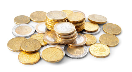 Golden coins on white background