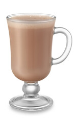Glass cup of hot cocoa drink on white background