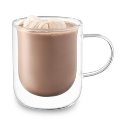 Glass cup of hot cocoa drink on white background