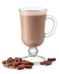 Glass cup of hot cocoa drink and beans on white background