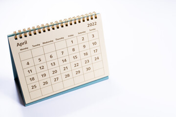 April 2022 calendar: month page on white background isolated