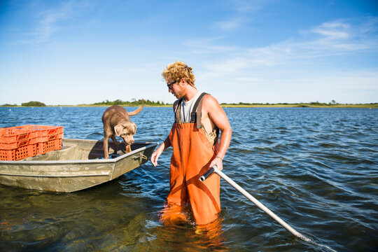 Young man working on the water in aquaculture oyster farm with dog