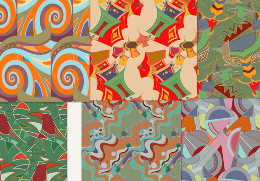 Set of Abstract Seamless Patterns with Cubism Art Elements and Graffiti Wall Style