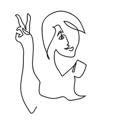 One line drawing of positive girl.
One continuous line drawing of girl showing v-sign.
