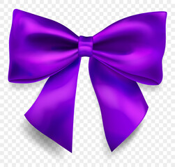 Beautiful big bow made of purple ribbon with shadow, isolated on transparent background. Transparency only in vector format