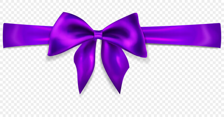 Beautiful purple bow with horizontal ribbon with shadow, isolated on transparent background. Transparency only in vector format