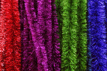 Detail of colorful decorative Christmas fluffy tinsel