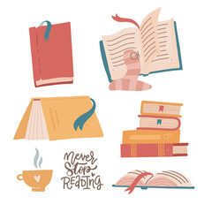 Cozy set of colorful books, book stacks, piles and cup of hot beverage. Hand drawn library with funny bookworm. Vector flay hand drawn illustration