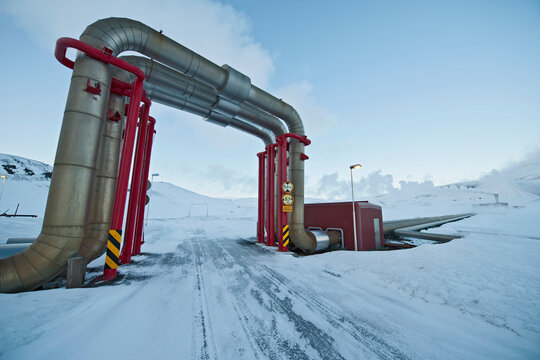 steam pipes at a geothermal power-plant in North Iceland