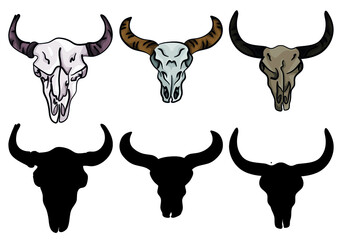 Vector illustration: Cartoon bison skulls set, colorful heads and black silhouettes © Nana