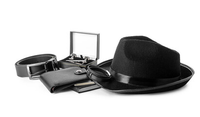 Set of stylish male accessories on white background