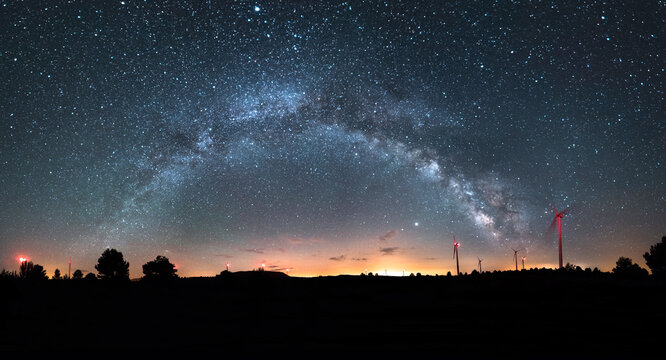 Fototapeta Milky Way, windmills and astronomical observatory