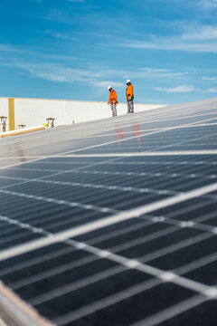 Unrecognizable solar panel technicians looking a Spanish installation