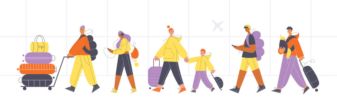 Diverse Group Of People Walking In Line With Suitcases  At The Airport. Air Traveling Concept Flat Vector Illustration.
